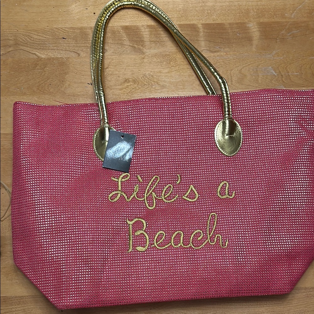 Gold-Accent Pink Beach Tote Bag - Life's a Beach